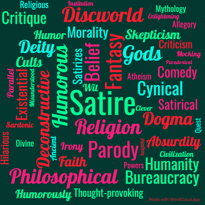 Word cloud of the book Small Gods by Terry Pratchett with 50 words like Satire, Fantasy and Humorous.