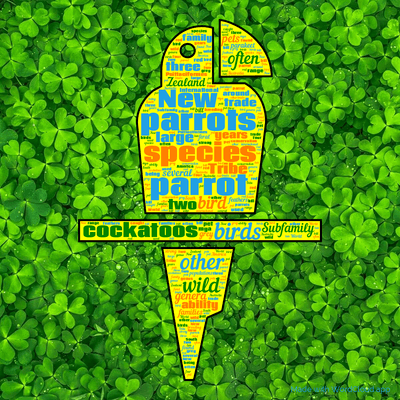 Word cloud with 50 words like parrots, parrot and species.