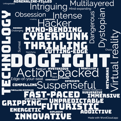 Word cloud of the book Dogfight by William Gibson with 49 words like Dogfight, Action-packed and Technology.