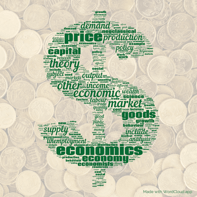 Word cloud with 50 words like economics, economic and theory.