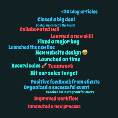 Collaborative word cloud with 17 words like Launched on time, New website design 🤩 and Teamwork.