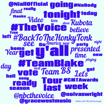 Word cloud with 50 words like y'all, #TeamBlake and #BackToTheHonkyTonk.