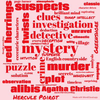 Word cloud of the book Hercule Poirot and the Greenshore Folly by Agatha Christie with 48 words like mystery, detective and crime.