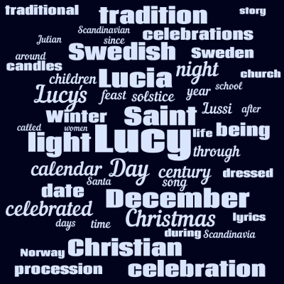 Word cloud with 50 words like Lucy, Saint and Day.
