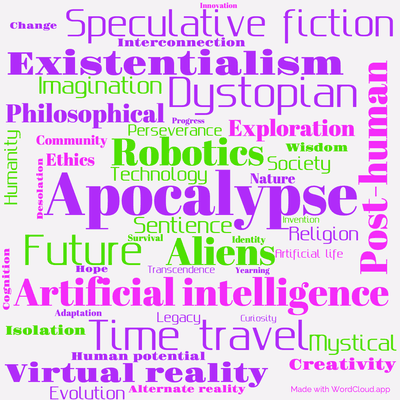 Word cloud of the book City with 46 words like Apocalypse, Artificial intelligence and Aliens.