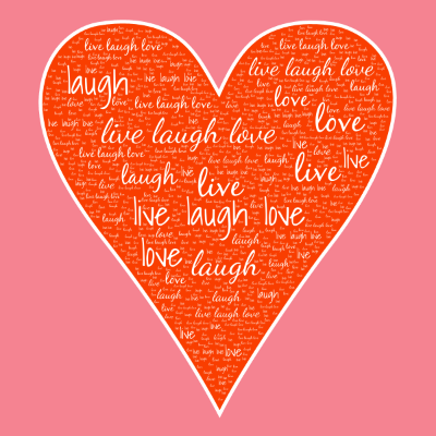 Word cloud in a Heart shape with 4 words like live laugh love, live and laugh.
