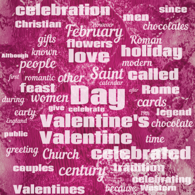Word cloud with 50 words like Day, Valentine's and Saint.