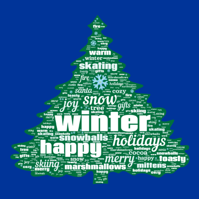 Word cloud in a Christmas Tree shape with 20 words like winter, snow and ❄️.