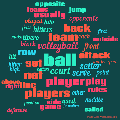 Word cloud with 50 words like ball, volleyball and court.