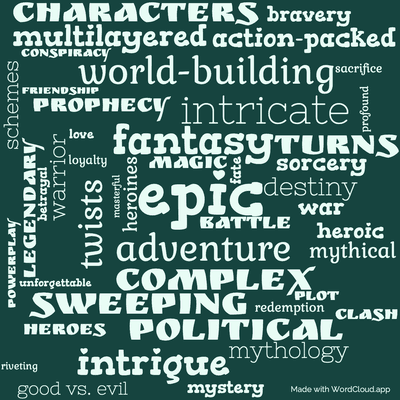 Word cloud of the book Knife of Dreams with 46 words like epic, fantasy and adventure.