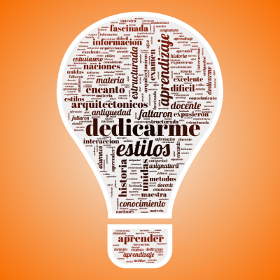Word cloud in a Lightbulb shape with 27 words like alumnos, antiguedad and aprender.