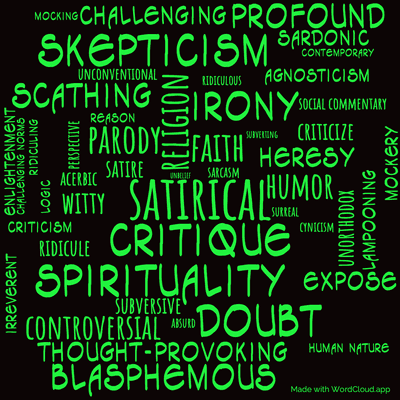 Word cloud of the book Christian Science with 49 words like satirical, critique and religion.