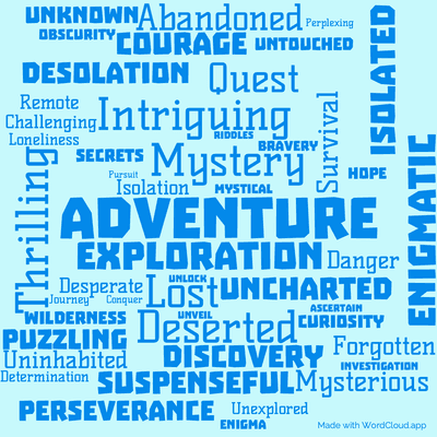 Word cloud of the book Abandoned with 49 words like Adventure, Mystery and Exploration.