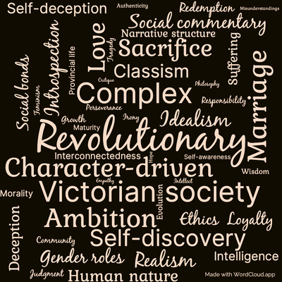 Word cloud of the book Middlemarch with 47 words like Revolutionary, Complex and Character-driven.