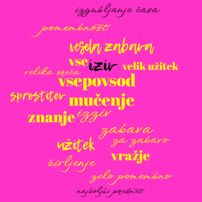 Word cloud with 19 words like užitek, izziv and zabava.