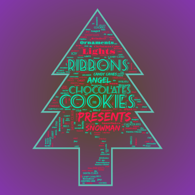 Word cloud in a Christmas Tree shape with 23 words like Christ, joy and Snowman.