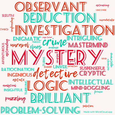 Word cloud of the book The Adventures of Sherlock Holmes with 46 words like mystery, detective and crime.