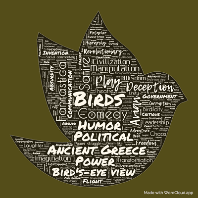 Word cloud of the book The Birds by Aristophanes with 47 words like Birds, Comedy and Satire.