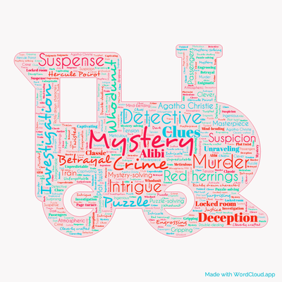 Word cloud of the book Murder on the Orient Express with 47 words like Mystery, Crime and Detective.