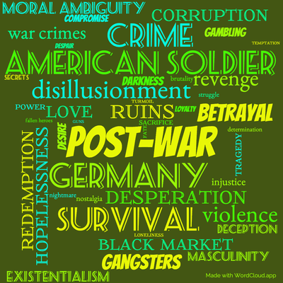 Word cloud of the book The Dark Arena by Mario Puzo with 44 words like post-war, Germany and ruins.