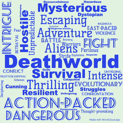 Word cloud of the book Deathworld 3 by Harry Harrison with 47 words like Deathworld, Aliens and Survival.