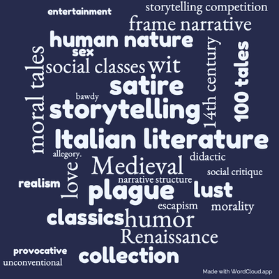 Word cloud of the book The Decameron of Giovanni Boccaccio by Giovanni Boccaccio with 31 words like Italian literature, Medieval and storytelling.