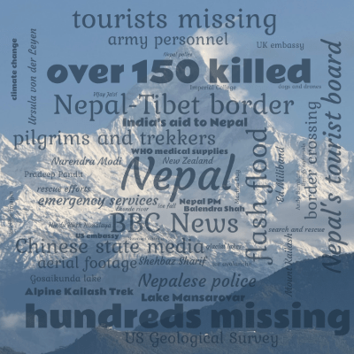Word cloud with 49 words like Nepal, BBC News and flash flood.