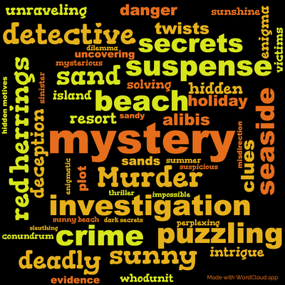 Word cloud of the book Evil Under the Sun by Agatha Christie with 50 words like mystery, Murder and beach.