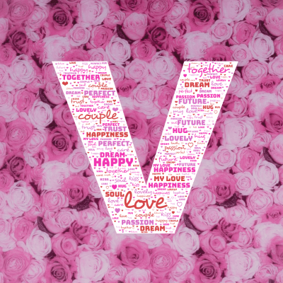 Word cloud in the shape of the letter V with 19 words like love, couple and together.