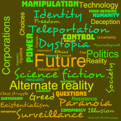 Word cloud of the book The Unteleported Man with 45 words like Future, Dystopia and Science fiction.