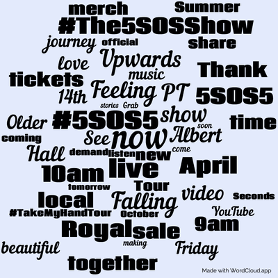 Word cloud with 50 words like now, #5SOS5 and live.