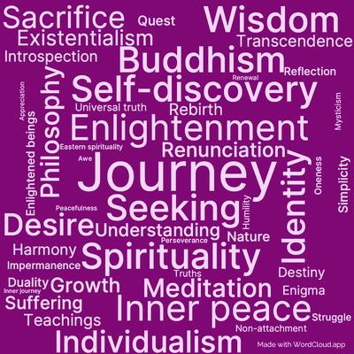 Word cloud of the book Siddhartha by Hermann Hesse with 47 words like Journey, Enlightenment and Seeking.