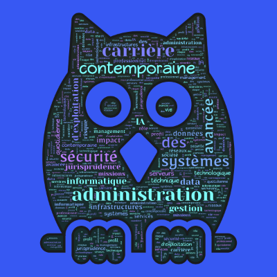 Word cloud in an Owl shape with 30 words like administration, des and sécurité.