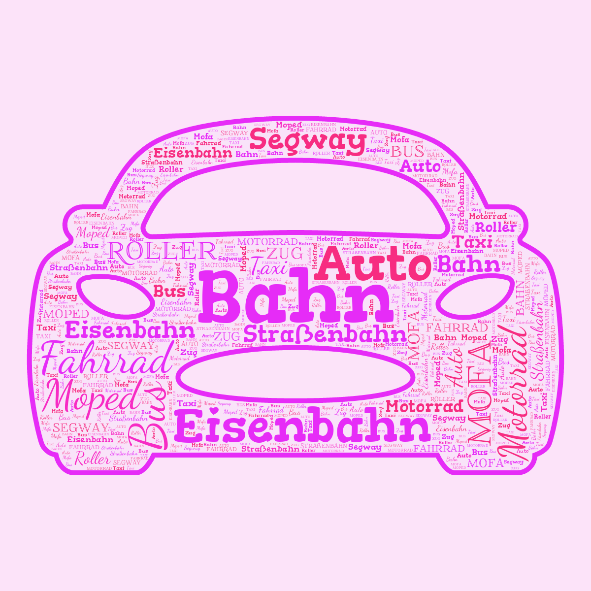 Word cloud in a Car shape with 13 words like Bahn, Bus and Mofa in purple and pink.