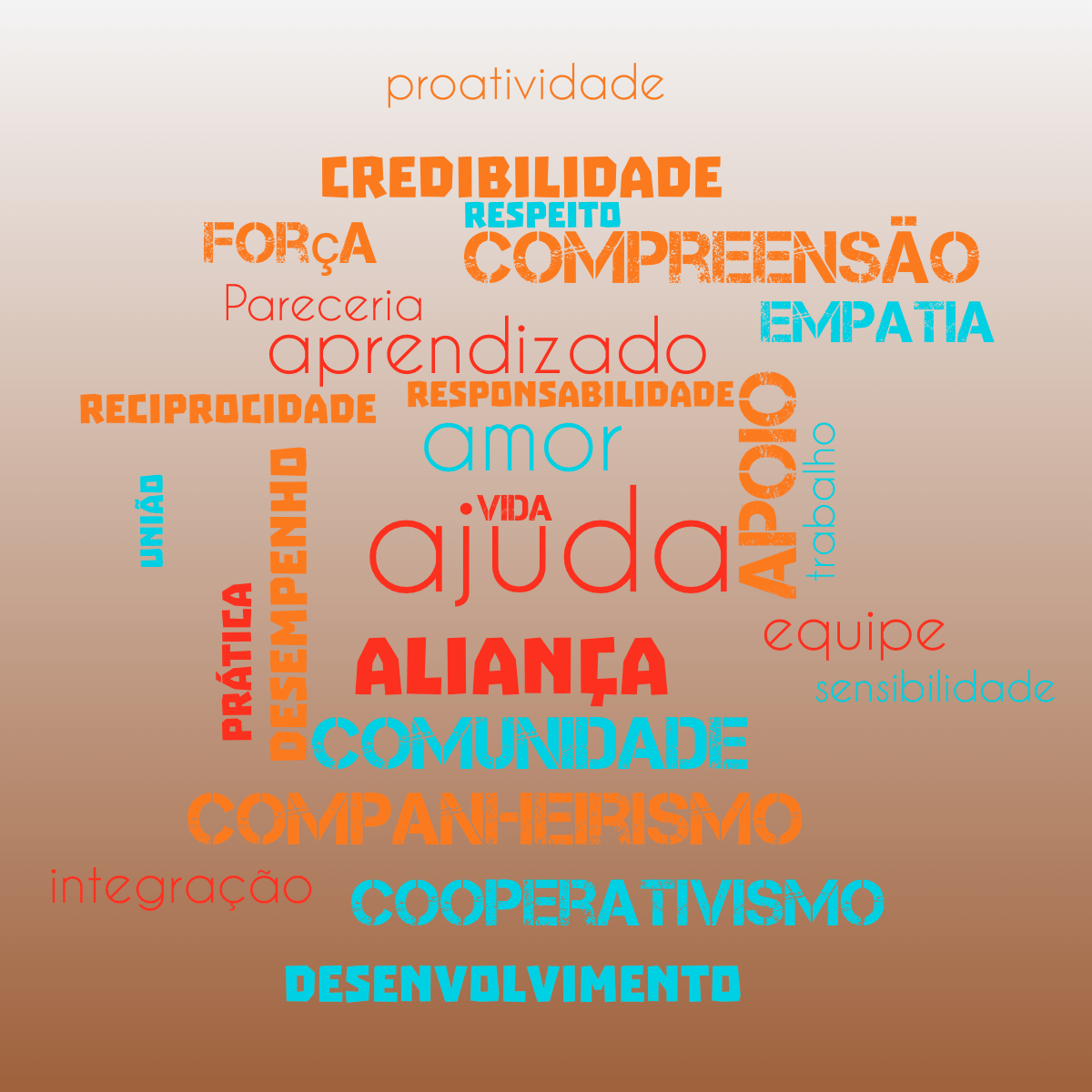 Word cloud with 26 words like ajuda, aliança and amor in multicolor.