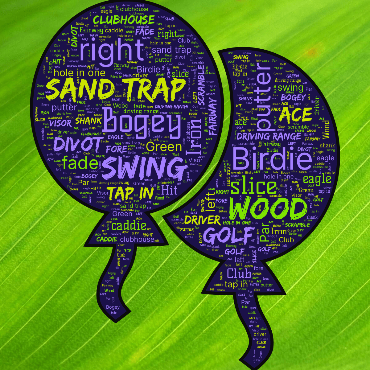 Word cloud in a Cake shape with 30 words like Golf, Par and Birdie in blue, green and black.