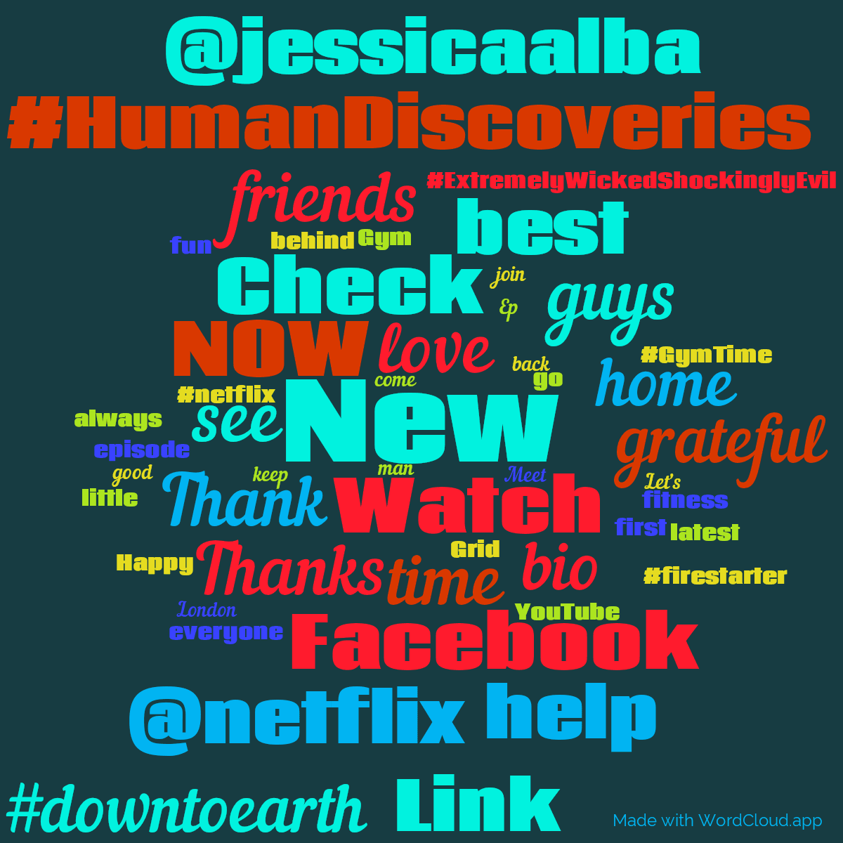 Word cloud with 50 words like New, love and Watch in blue and red.