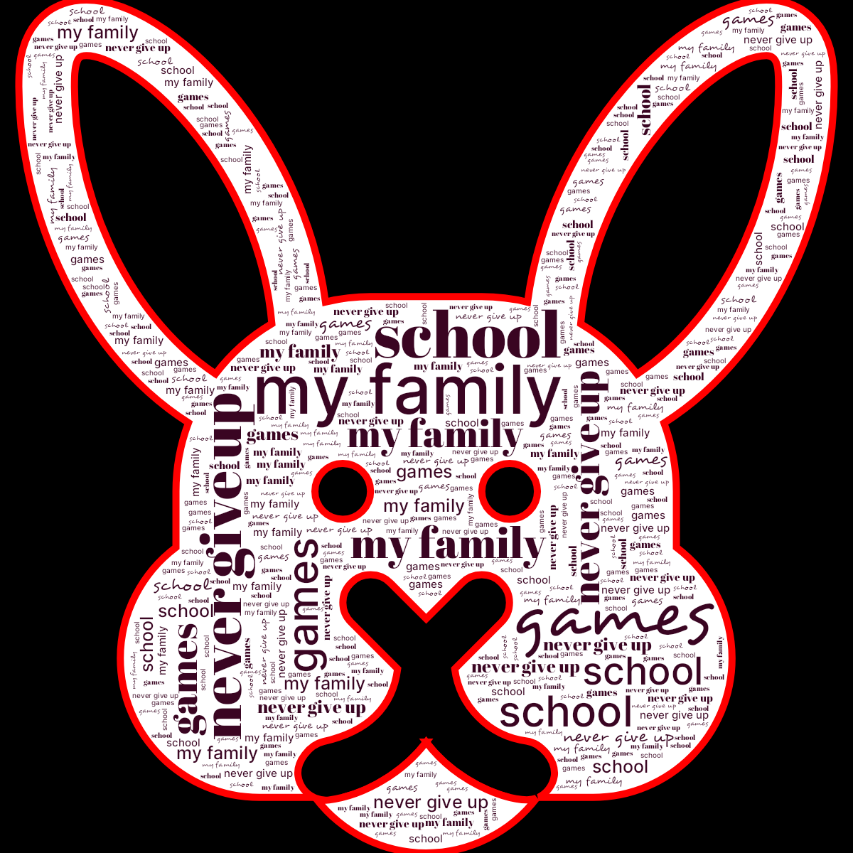 Word cloud in an Easter Bunny shape with 4 words like my family, games and school in multicolor.