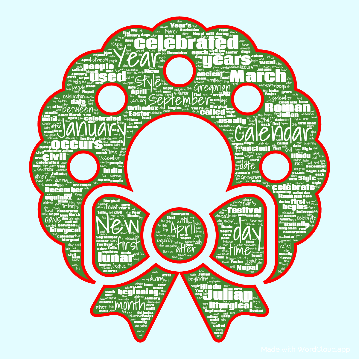 Word cloud in a Holly Wreath shape with 50 words like Year, New and calendar in multicolor.