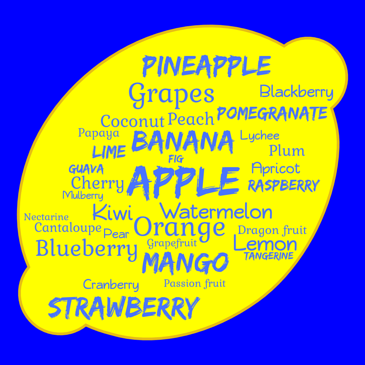 Word cloud in a Lemon shape with 33 words like Apple, Banana and Orange in blue and yellow.