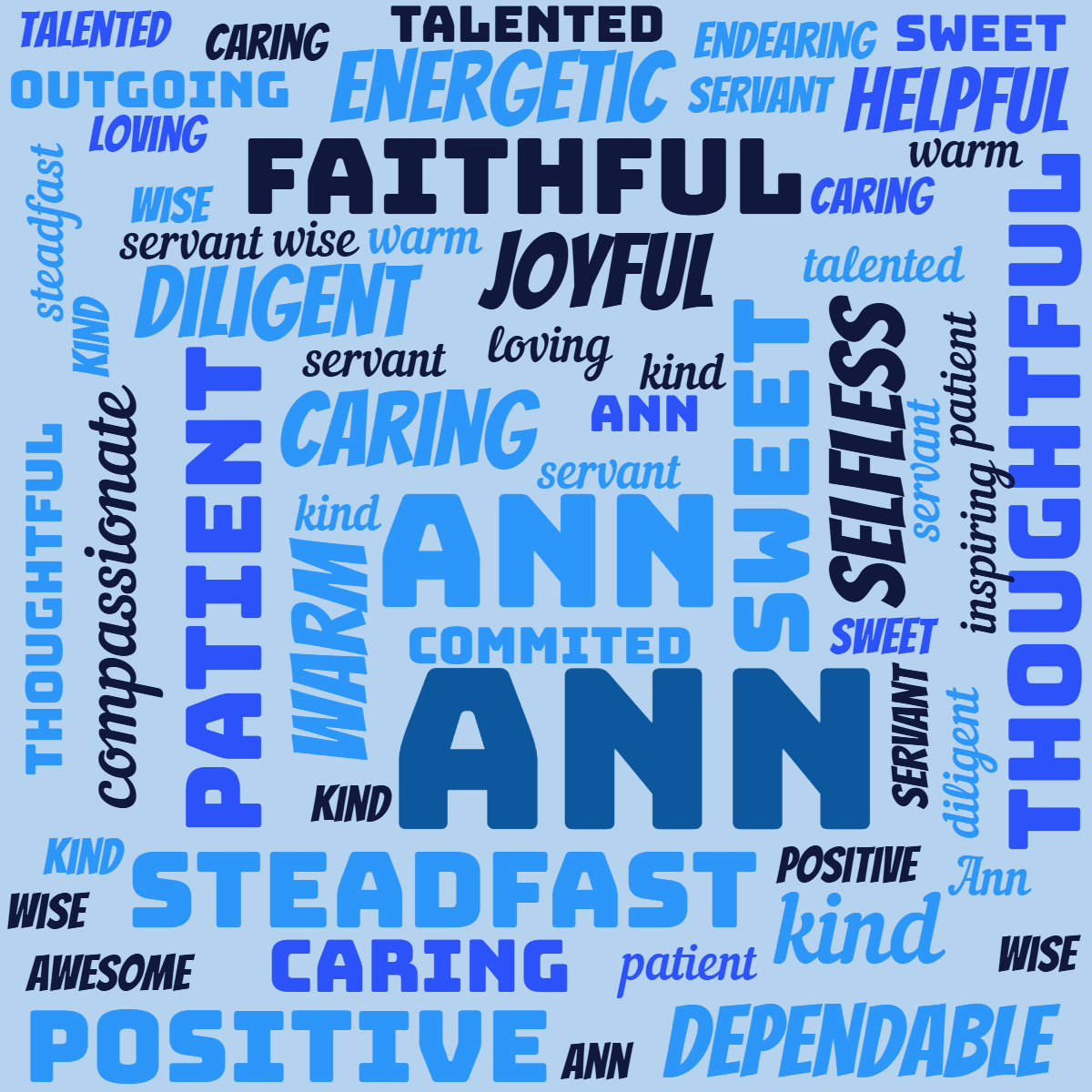 Word cloud with 31 words like Ann, Caring and warm in blue.