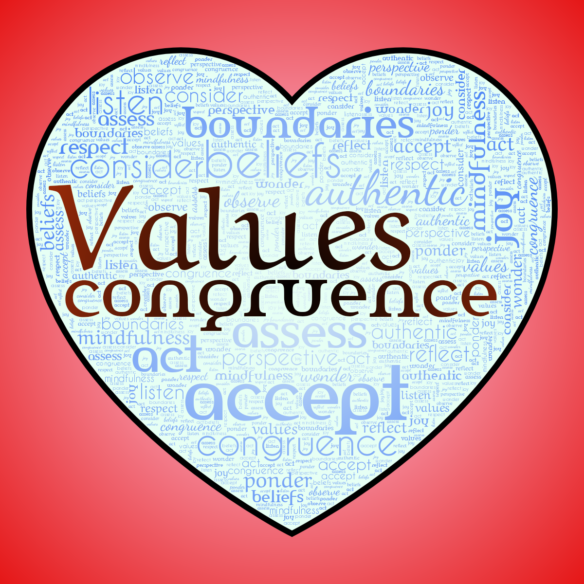 Word cloud in a Heart shape with 18 words like accept, act and assess in multicolor.