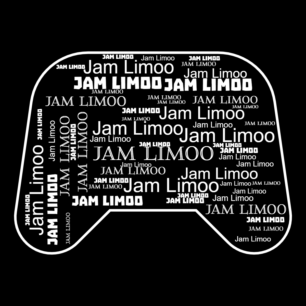 Word cloud in an Esports Controller shape with 1 repeated word Jam Limoo in white and black.