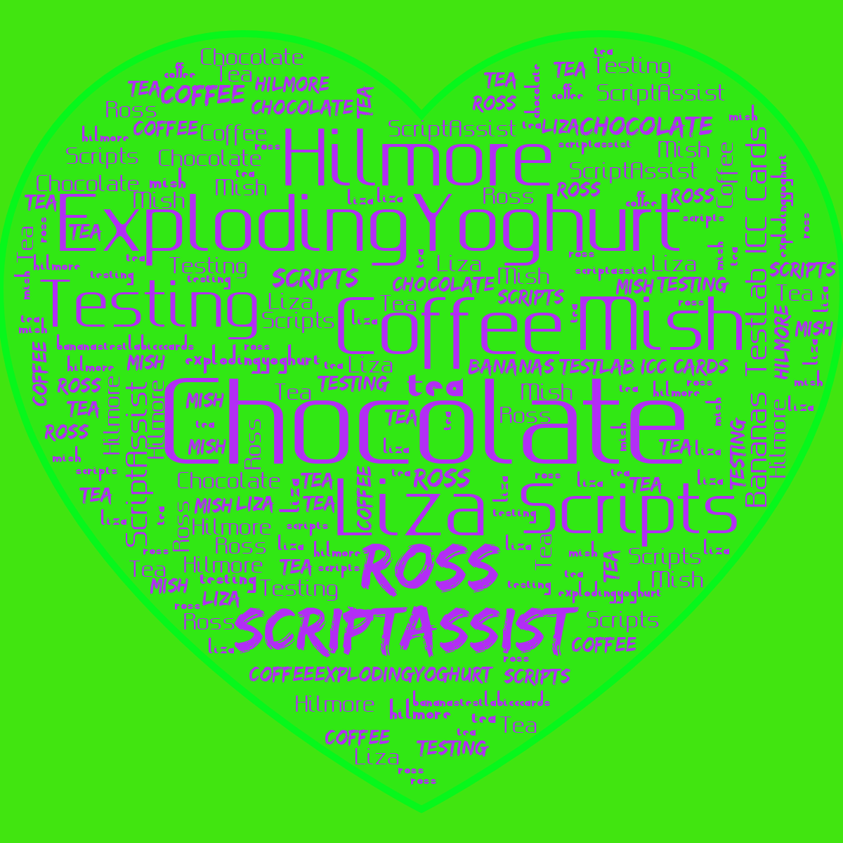 Word cloud in a Heart shape with 12 words like Chocolate, Coffee and ExplodingYoghurt in bright purple and green.