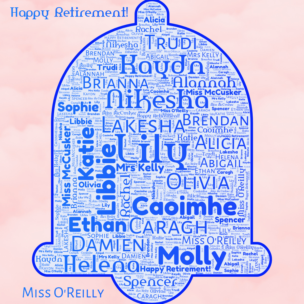 Word cloud in an Alarm shape with 26 words like Lily, Lakesha and Libbie in blue.