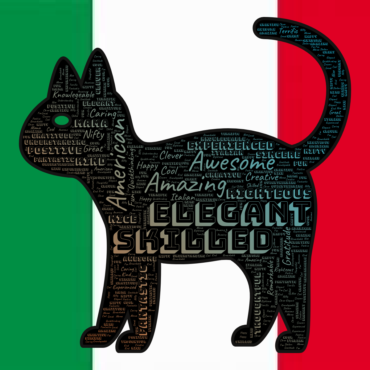 Word cloud in a Cat shape with 29 words like Elegant, Amazing and Skilled in multicolor.