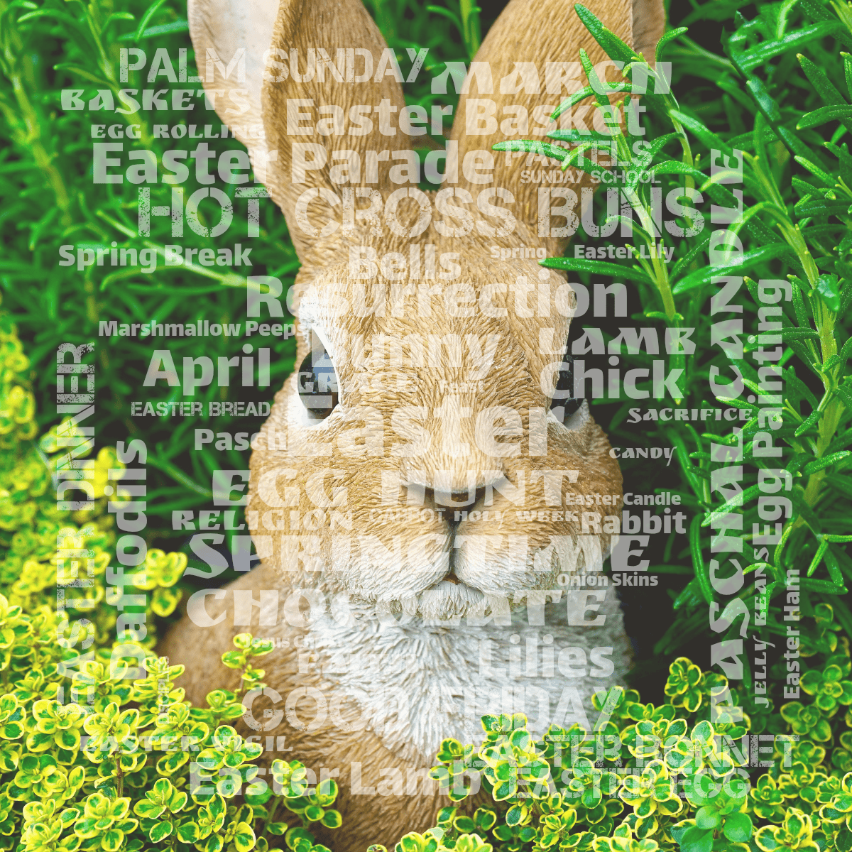 Word cloud with 50 words like Easter, Bunny and Egg Hunt in white.