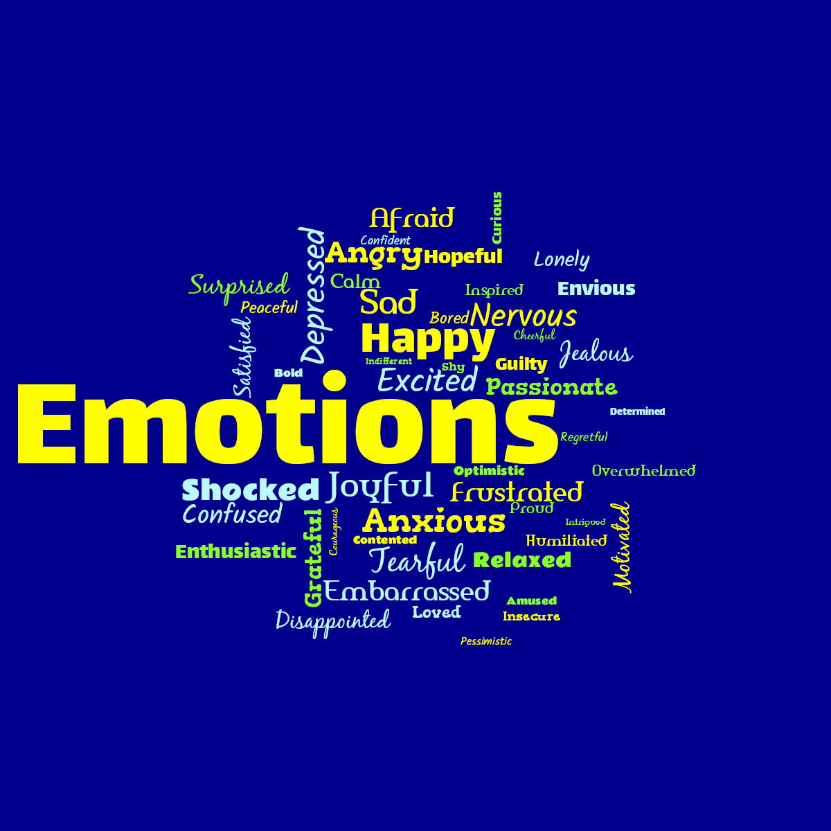 Word cloud with 50 words like Happy, Joyful and Excited in yellow, green and blue.
