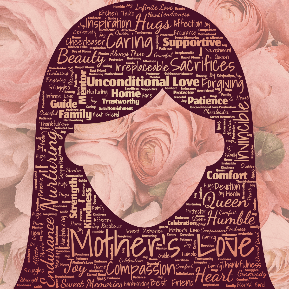 Word cloud in a Woman Face shape with 50 words like Mother's Love, Unconditional Love and Nurturing in yellow, red and pink.