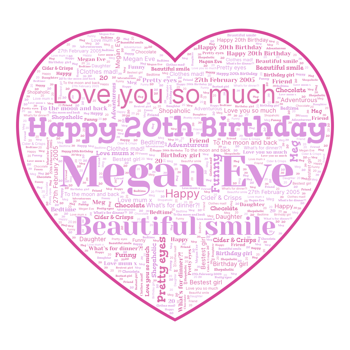 Word cloud in a Heart shape with 23 words like Megan Eve, Happy 20th Birthday and Love you so much in purple and pink.